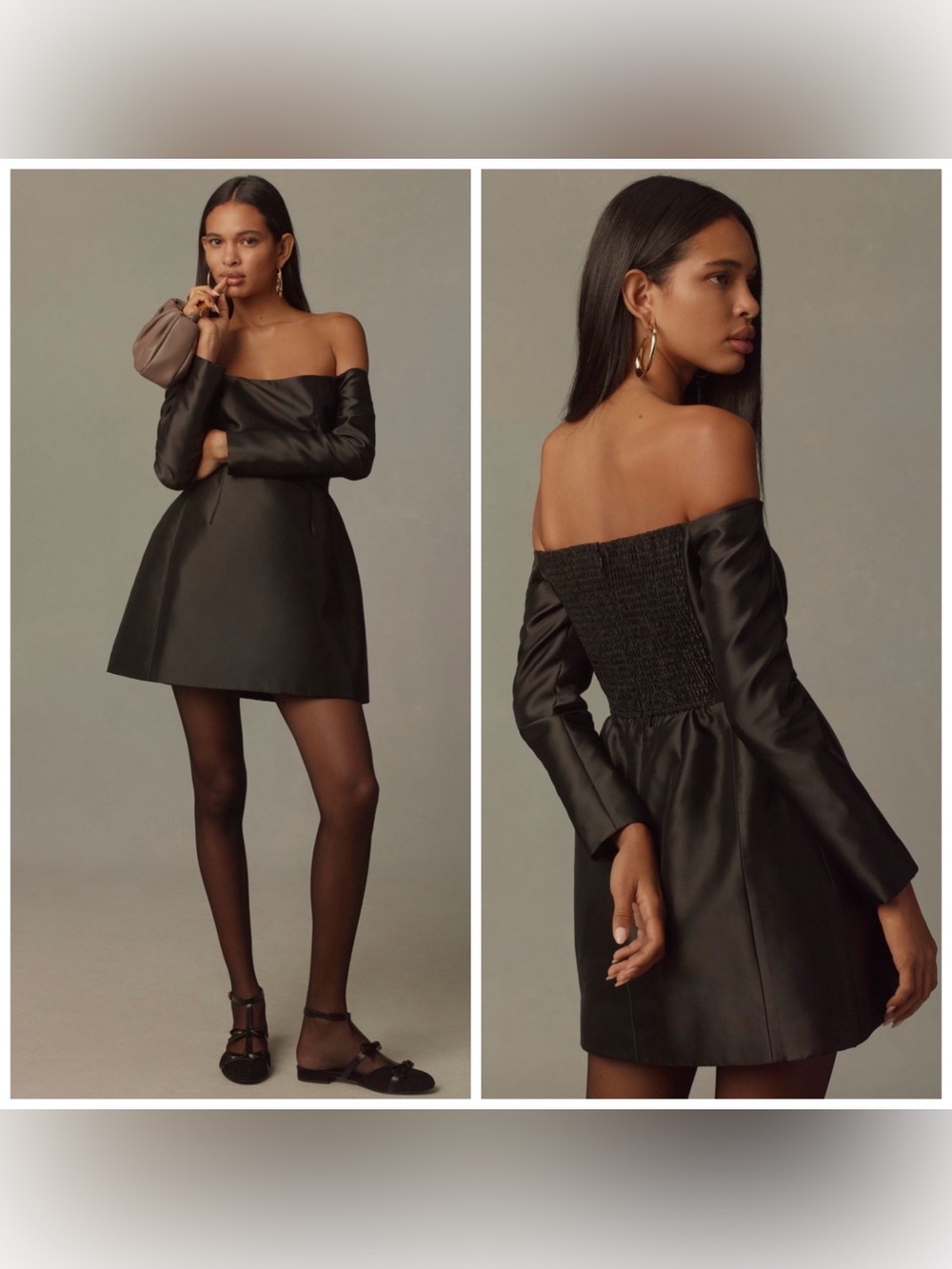Hutch Anthropologie Long Sleeve‎ Off The Shoulder Mini Dress Black Satin Size 8